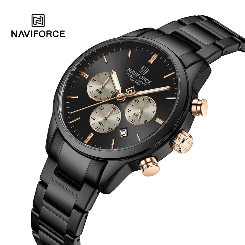 NAVIFORCE NF8076 Sports Watches for Men Stainless Strap Quartz 3ATM Waterproof Shockproof New Fashionable Clock