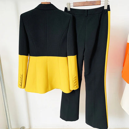 HIGH QUALITY Newest 2025 Star Style Fashion Designer Runway Suit Set Women's Single Button Color Block Blazer Flare Pants Suit