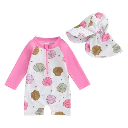 Trajes de baño de verano para niñas y niños pequeños, de manga larga, con estampado floral/tropical, con cremallera y sombrero.