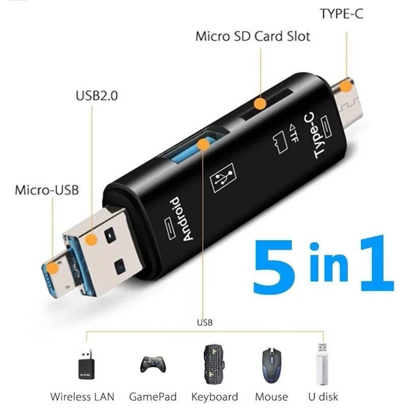 5 In 1 Multifunction USB 2.0 Type C/Usb/Micro Usb /TF/SD Memory Card Reader OTG USB Reader Card Adapter Mobile Phone Accessories