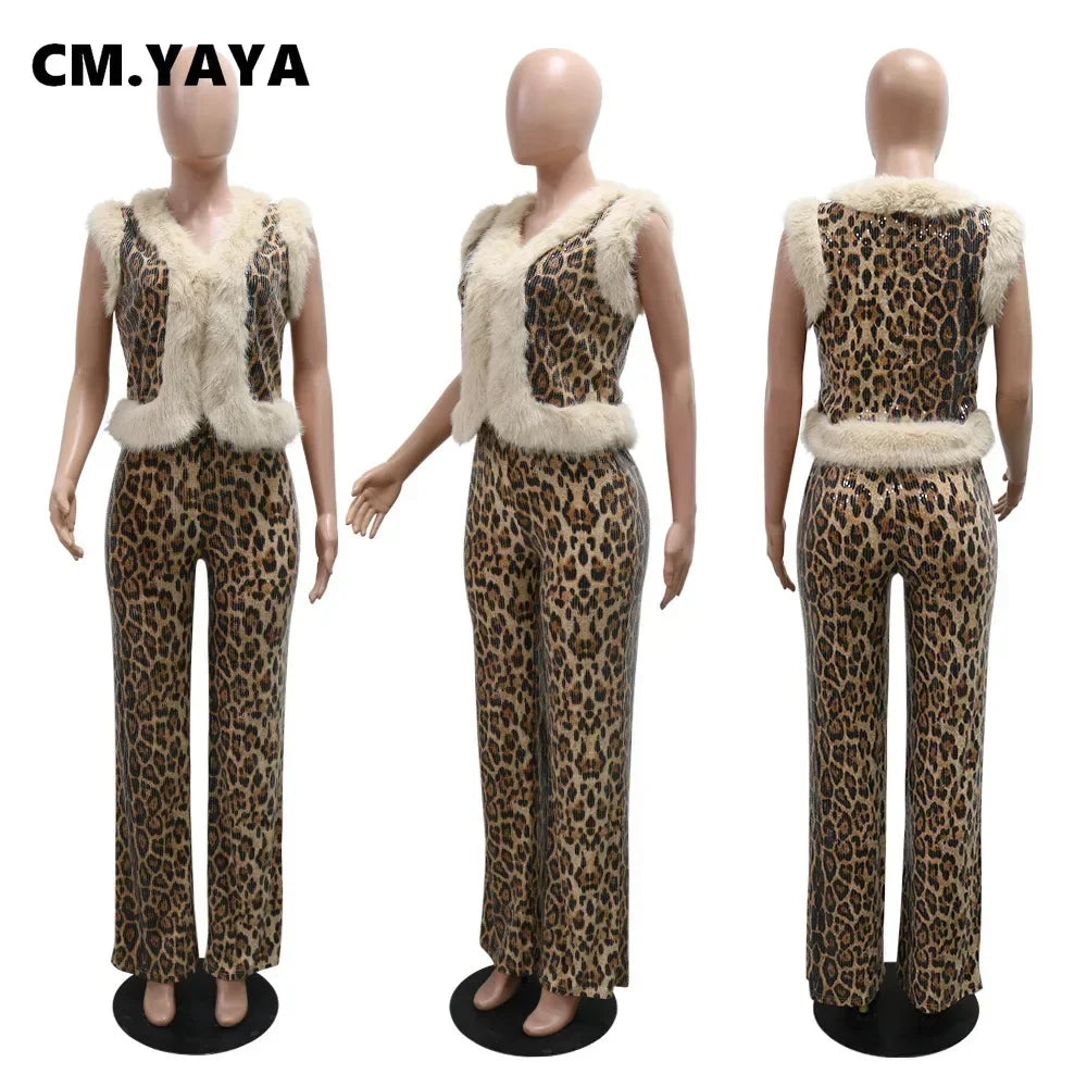 CM.YAYA Conjunto de mujer sin mangas de piel de leopardo con lentejuelas, cuello en V, chaleco de lana y pantalón, conjunto de 2 piezas Street Two 2024, chándal