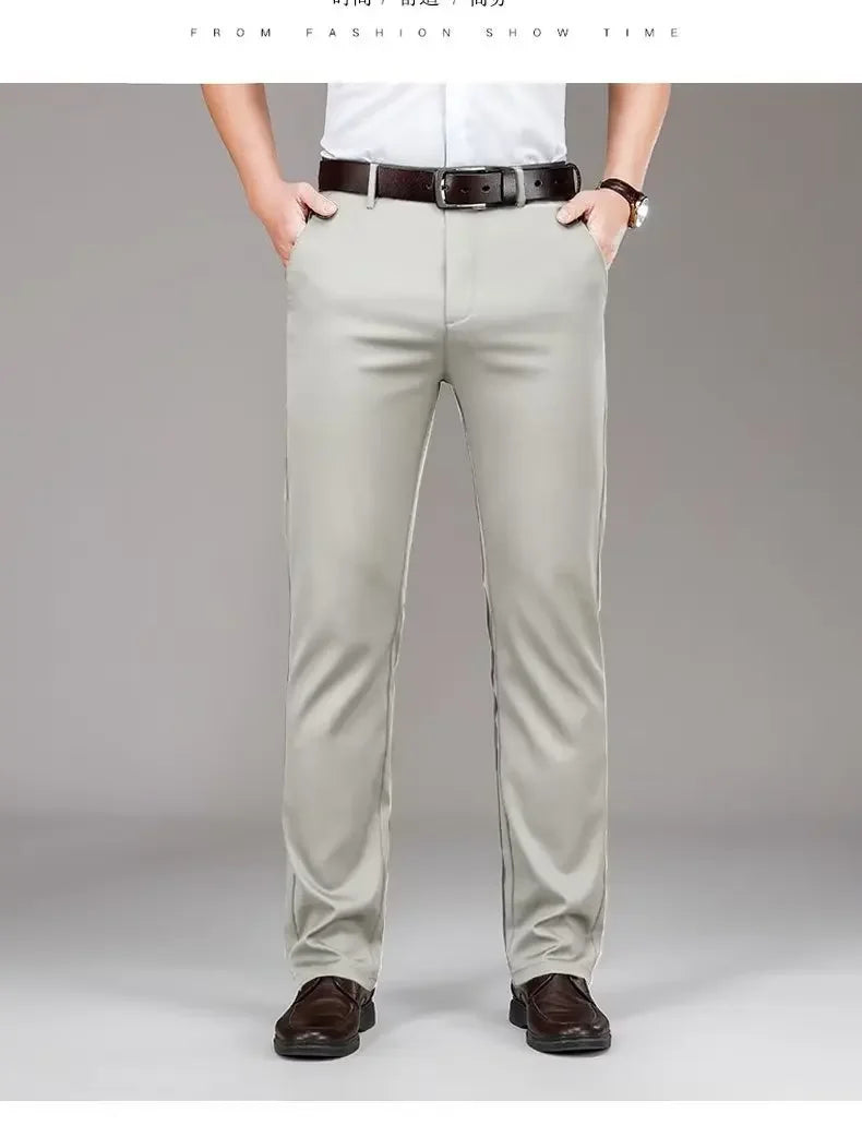 Pantalones casuales de seda helada para hombre, de negocios, formales, de verano, finos, rectos y holgados, para hombres de mediana edad.