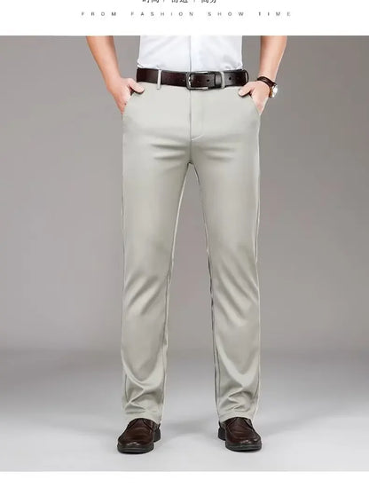 Pantalones casuales de seda helada para hombre, de negocios, formales, de verano, finos, rectos y holgados, para hombres de mediana edad.