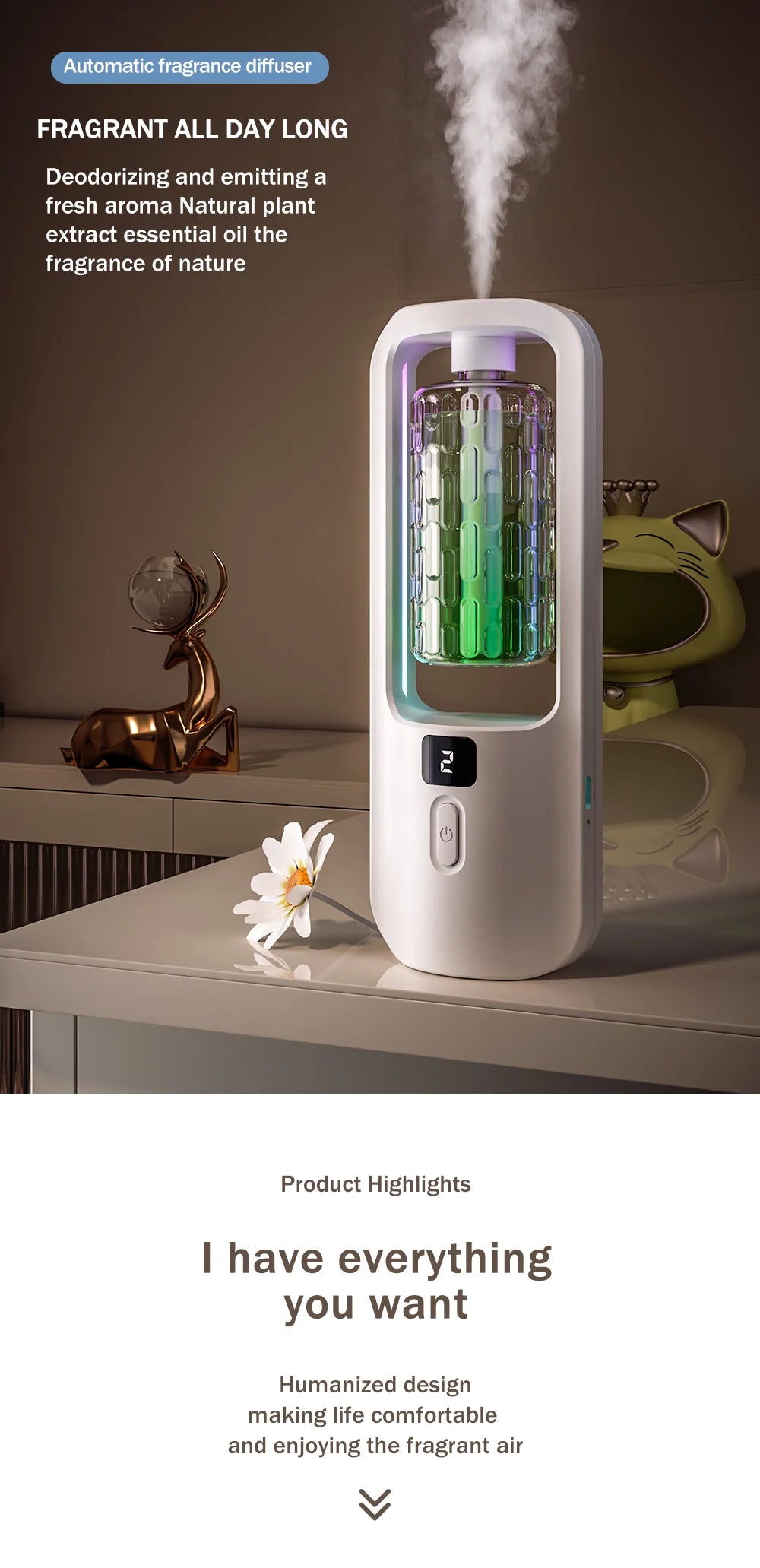 Automatic aromatherapy diffuser for eliminating odors, suitable for household use, with essential oil for air freshening.