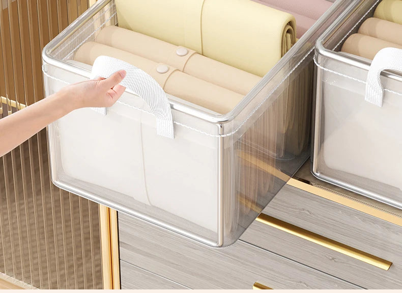 Cesta de almacenamiento transparente de PVC para ropa interior, caja de almacenamiento con marco de acero inoxidable, organizador de armario, caja de tela impermeable