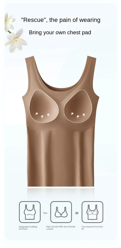 2 piezas/lote de camiseta sin mangas de seda sin costuras con almohadilla fija en el pecho para mujer, camisola sin mangas, ropa interior exterior, camisola de verano de alta elasticidad