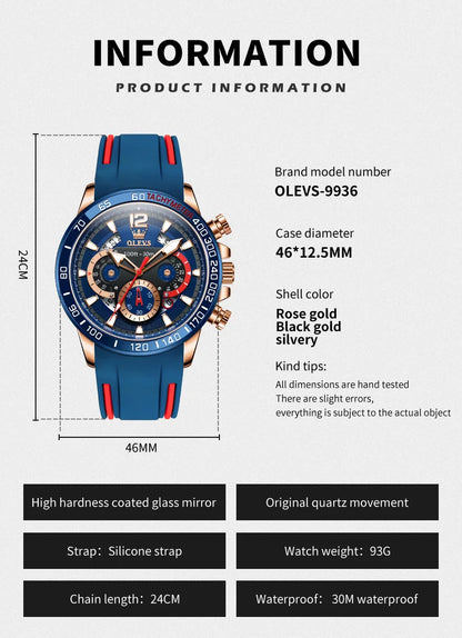 OLEVS 9936 Men's Watch Original Brand Quartz Wristwatch Waterproof Luminous Watches For Men Stylish Design with Silicone Strap