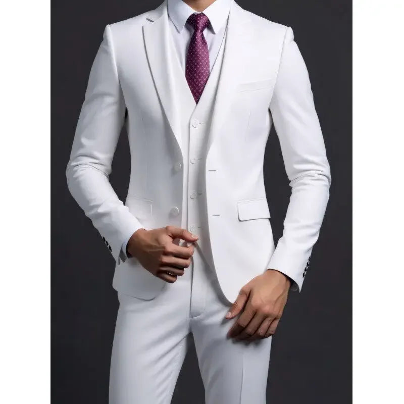 Men's Fashionable Gentleman Business British Style Solid Color Banquet Host Casual Wedding Suit (Blazer + Vest + Trousers)