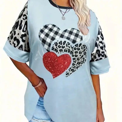 Camiseta con estampado de corazón a cuadros para mujer, primavera y verano 2024, informal, de manga corta, talla grande 