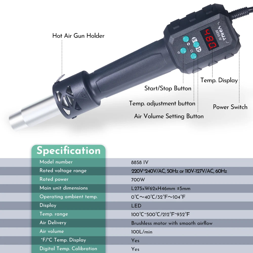 YIHUA Micro Hot Air Gun  C/F Temp Adjusted 8858IV 700W Soldering Rework Welding Station LCD Digital Heat Gun BGA IC Solder Tools