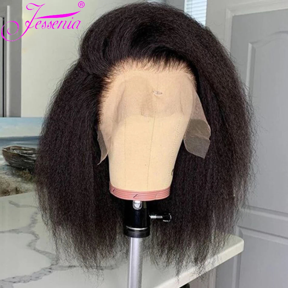 Glueless Kinky Straight Short Bob Virgin Human Hair Wig 13x4 Frontal HD Transparent Lace Peruvian Remy Soft Yaki Wear And Go Wig