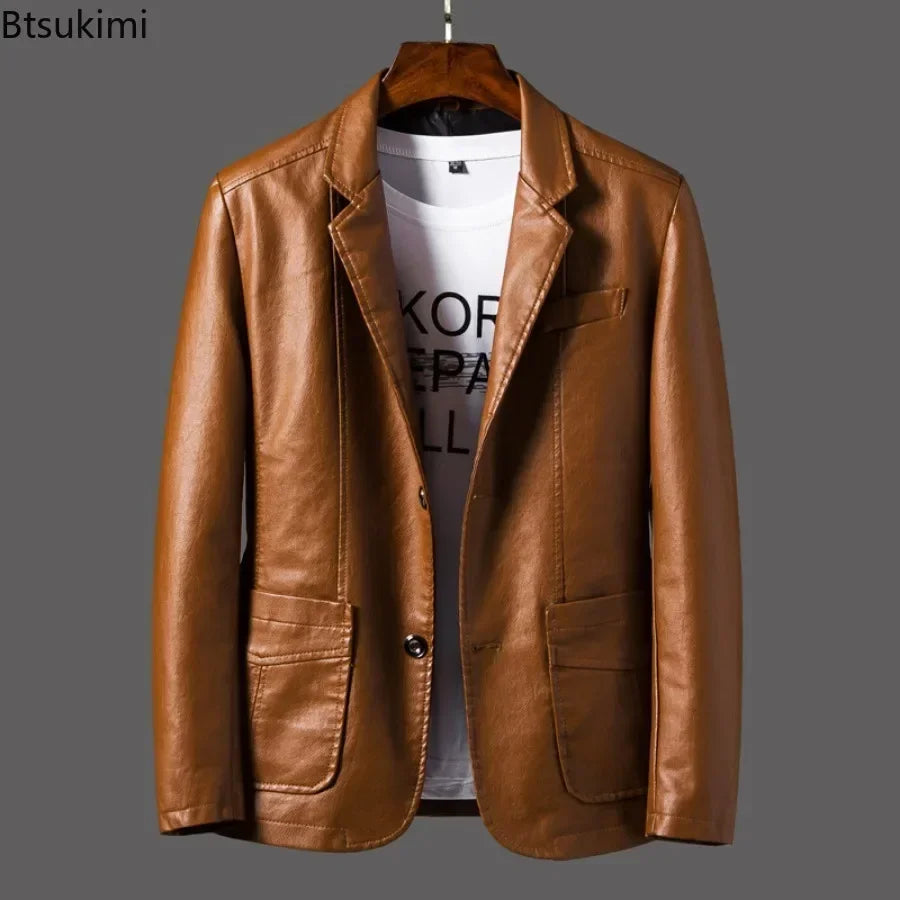 2024 Men's Leather Jackets Lapel Business Leather Jackets Men Pu Blazers Korean Style Slim Fashion Leather Coat Plus Size M-6XL