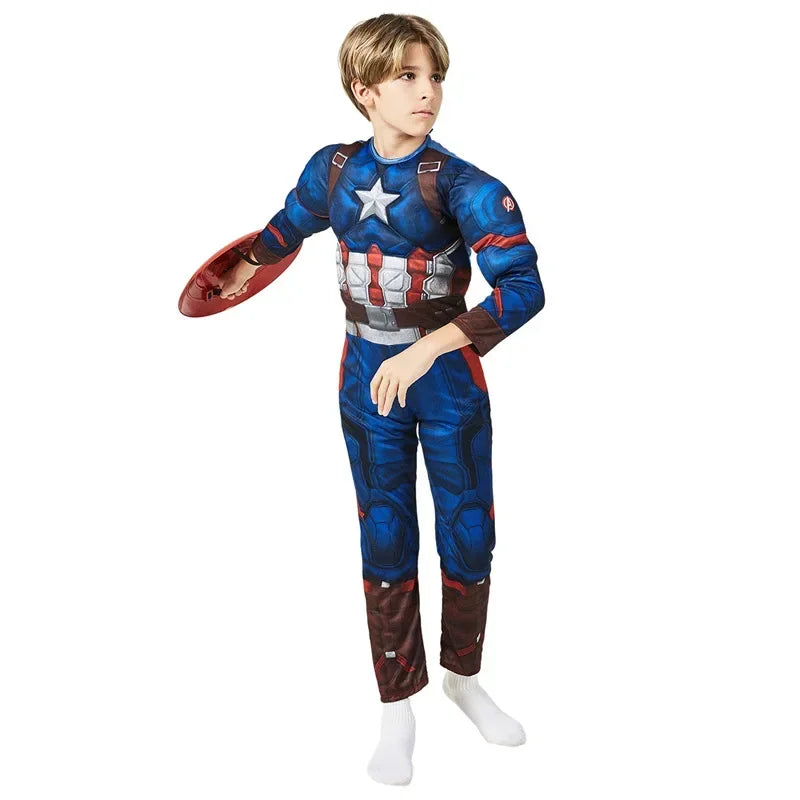 Superhero Captain America Muscle Costume Captain America Muscle Cosplay Jumpsuit Shield Christmas Carnival Party Costume for Kid
