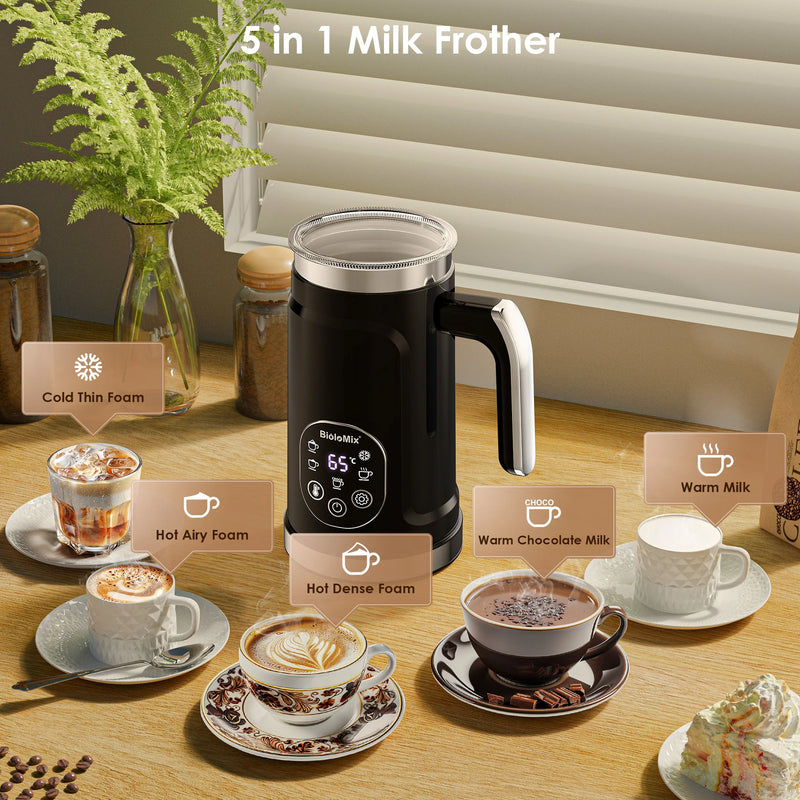 BioloMix Upgraded 5-in-1 LED Touch Screen Milk Frother for Lattes, Hot And Cold Foam Maker