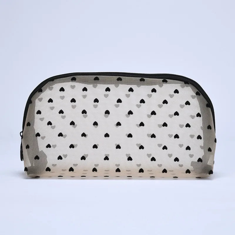 Heart-Shaped Nylon Mesh Cosmetic Bag Portable Toiletry Organizer for Women Makeup Storage