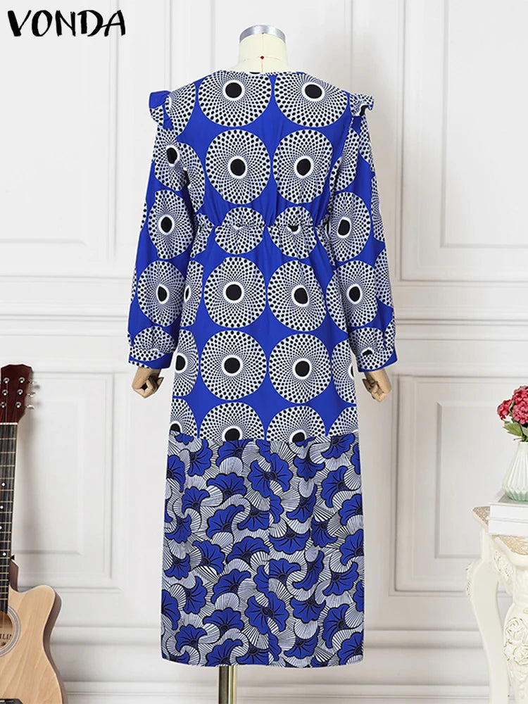 Vestido largo con estampado bohemio VONDA de talla grande 5XL para mujer, manga larga tipo farol, elegante, cuello en V, para vacaciones