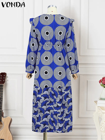 Vestido largo con estampado bohemio VONDA de talla grande 5XL para mujer, manga larga tipo farol, elegante, cuello en V, para vacaciones