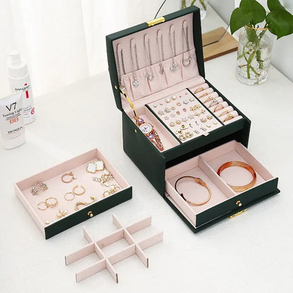 1pcs Multi Functional Three Layer Leather Drawer Style Jewelry Box Earrings Earrings Lock Jewelry Box