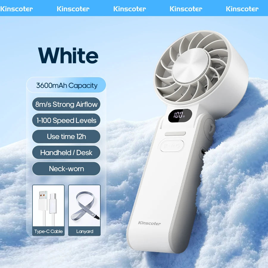 KINSCOTER Portable Air Cooling Turbo Fan 3600mAh 100 Wind Speeds Adjustable Outdoor Foldable Student Handheld Fan with Lanyard