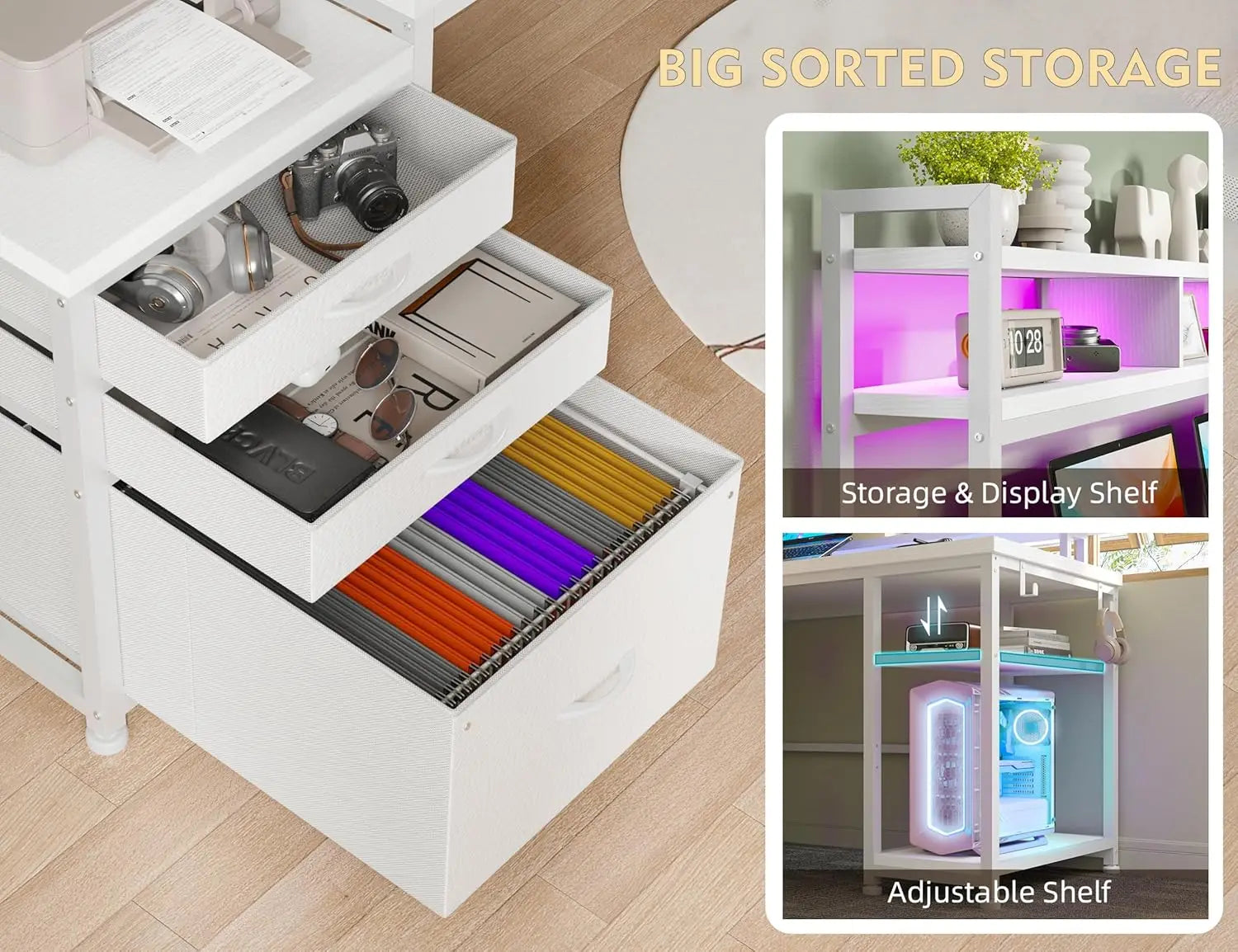 Escritorio para juegos en forma de L EnHomee con cajones, reversible, de 167 cm, para oficina en casa, con luz LED y tomas de corriente, color blanco.