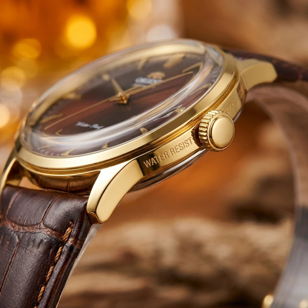 Relógio masculino automático vintage com pulseira de couro caixas dourada