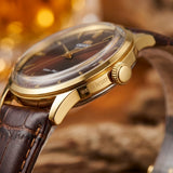 Relógio masculino automático vintage com pulseira de couro caixas dourada
