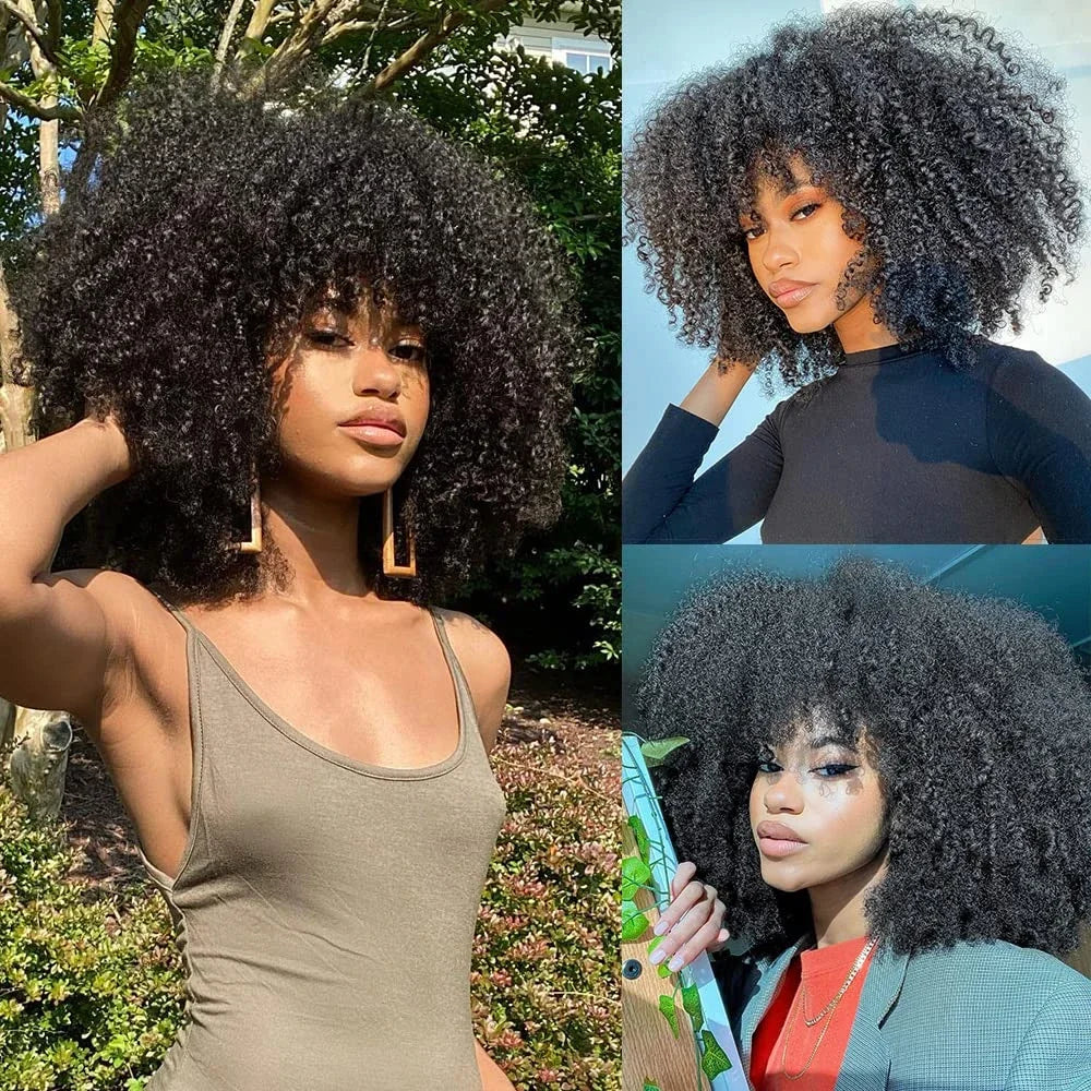 Afro Kinky Curly Wigs with Bangs 200% Density Brazilian Remy Human Hair Full Machine Made Wigs Short Afro Curly Wigs For Women