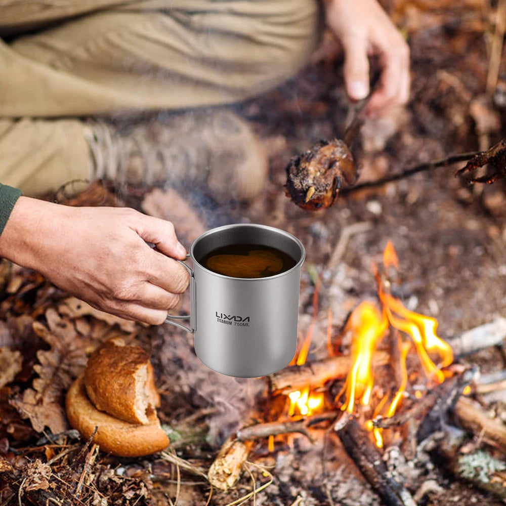 Taza de agua ultraligera de titanio Lixada con asa plegable, portátil para exteriores, camping, picnic, 300 ml/350 ml/550 ml/650 ml