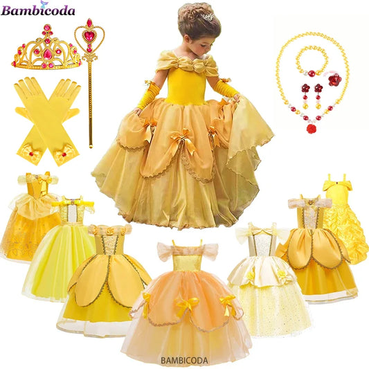 2025 Cosplay Belle Princess Dress Girls Dresses For Beauty and the Beast Party Clothing Magic Wand Crown Costume 3-12Y