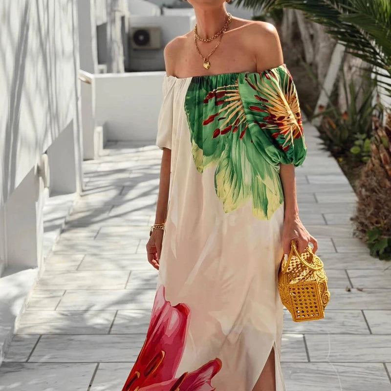 Bohemian Sexy Off-Shoulder Loose Holiday Dress for Women, Sexy Slash Neck Hollow Long Dresses, Summer Print Puff Sleeve Backless Dress