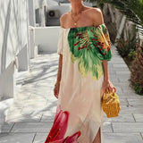Bohemian Sexy Off-Shoulder Loose Holiday Dress for Women, Sexy Slash Neck Hollow Long Dresses, Summer Print Puff Sleeve Backless Dress