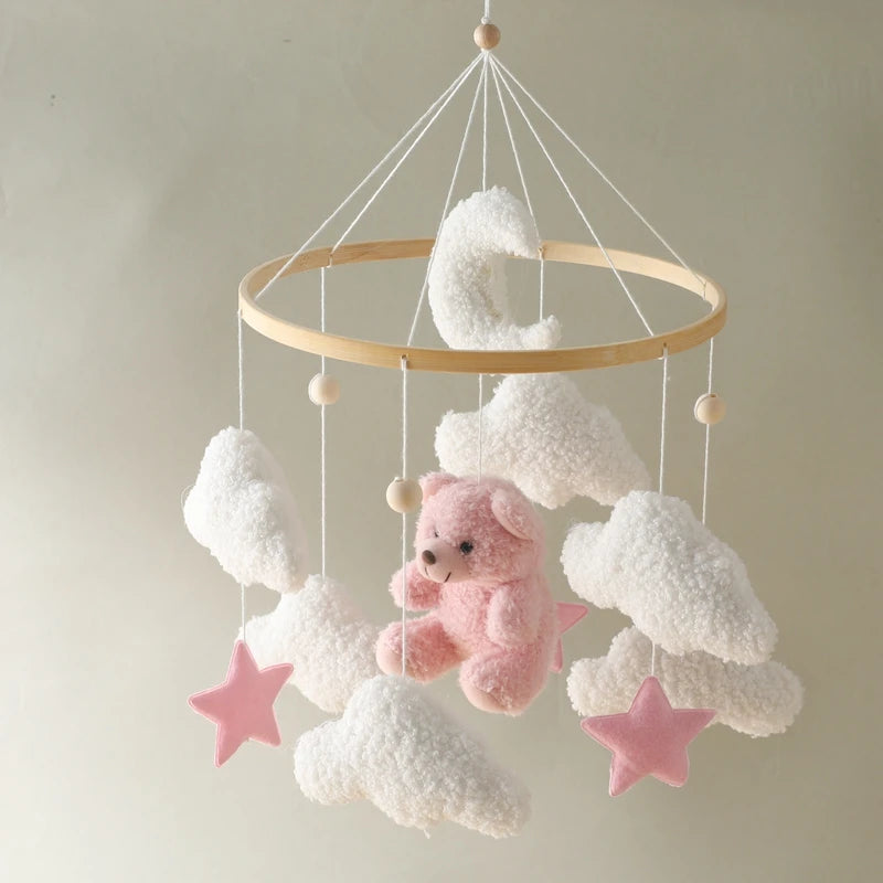 Baby Crib Mobile Rattle Toy Wooden Bed Bell Mobile Hanging Teddy Velvet Bear Doll Toy Newborn Music Box Crib Mobile Bracket Gift