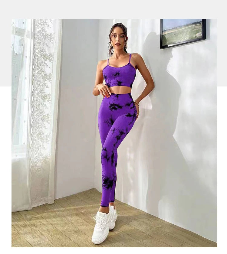 Conjunto deportivo de yoga con teñido anudado para mujer, conjunto deportivo de fitness, sujetador deportivo y leggings de cintura alta, ropa de gimnasio, trajes deportivos sin costuras
