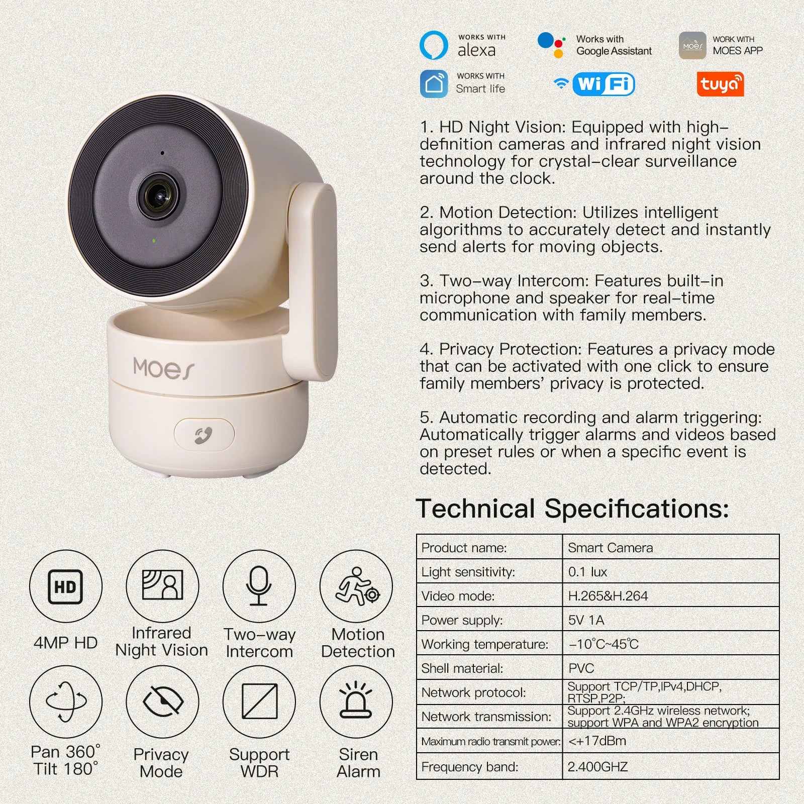 MOESTuya WiFi Indoor Pan/Tilt Smart Security Camera 4MP HD Infrared Night Vision Motion Sound Detection Panoramic Patrol Monitor