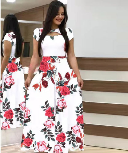 Elegant Spring Women's Dress Casual Fashion Floral Print Short Sleeve Super Long Dress 2023 New Fashion Hollow Out Long Dresses