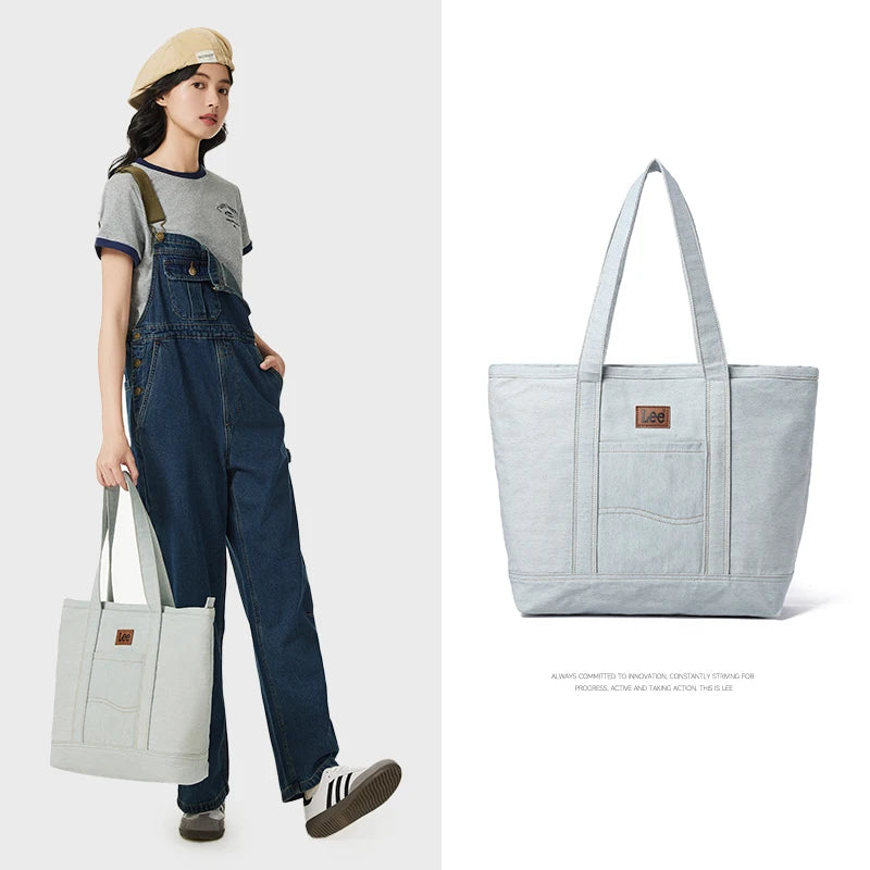 LEE Unisex Utility Canvas Leather Zipper Tote Bag Casual Denim Daily Shopping Handbag Women Men Durable Student School Book Bag