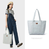 LEE Unisex Utility Canvas Leather Zipper Tote Bag Casual Denim Daily Shopping Handbag Women Men Durable Student School Book Bag