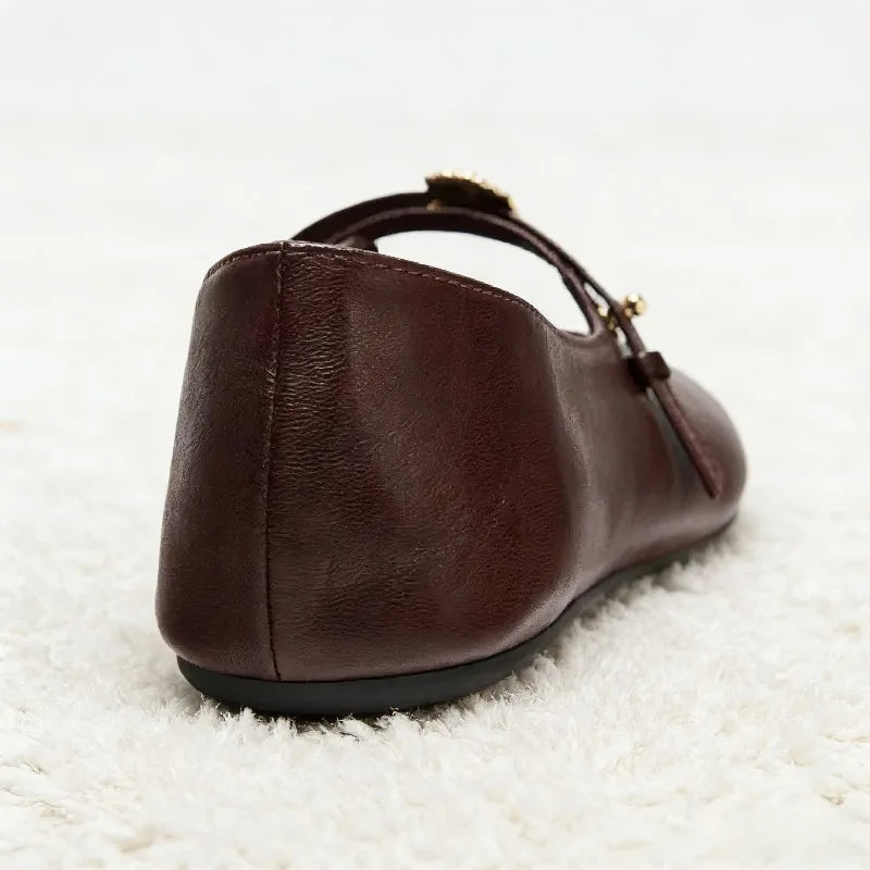 Luxury Metal Decoration Ballet Flats Women Retro Round Toe Soft Leather Mary Jane Shoes Light Soft Sole Comfortable Casual Shoes