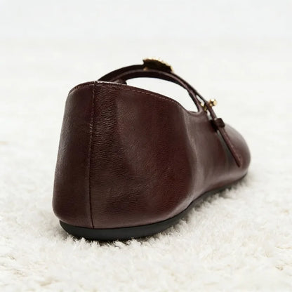 Luxury Metal Decoration Ballet Flats Women Retro Round Toe Soft Leather Mary Jane Shoes Light Soft Sole Comfortable Casual Shoes
