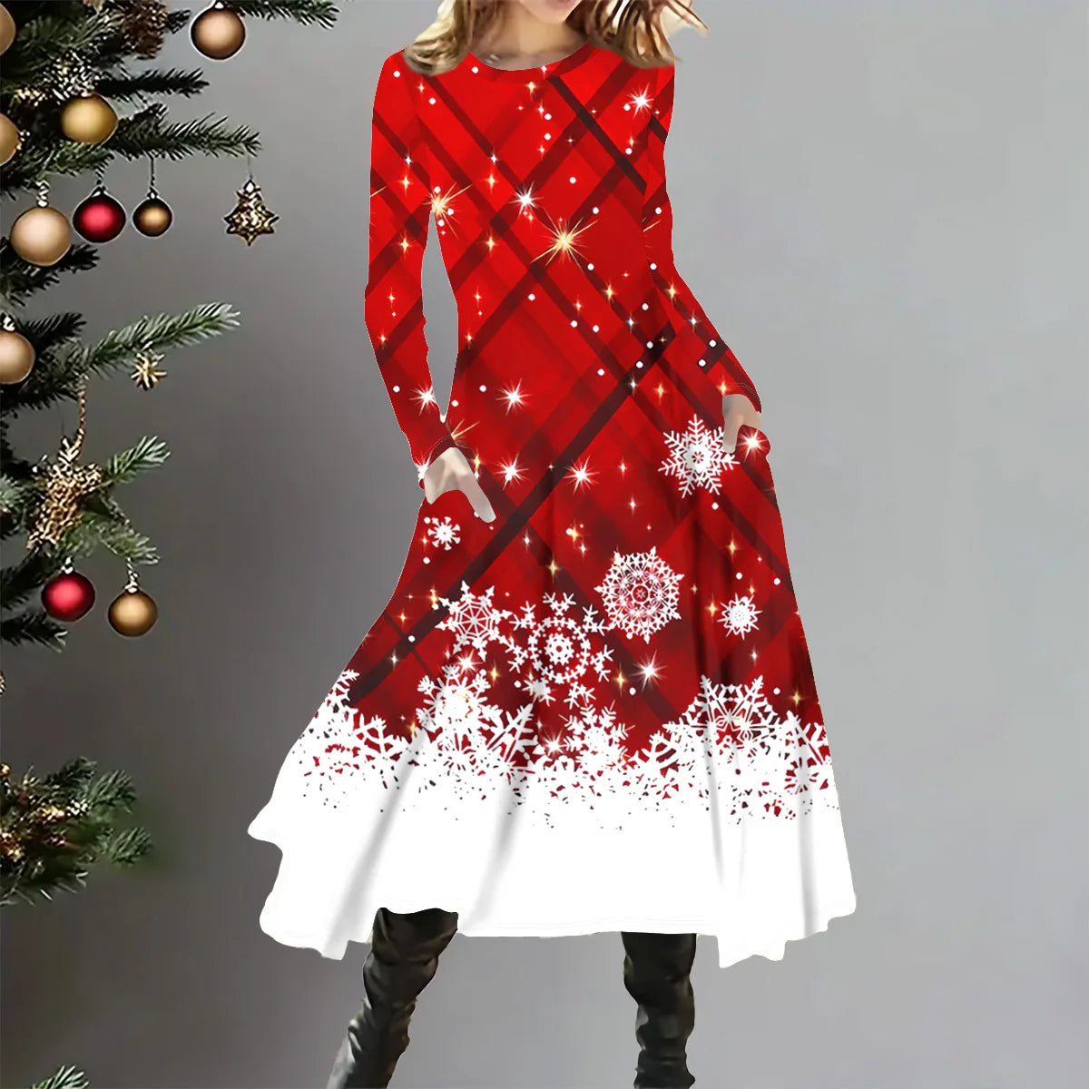 Plus Size Woman Printed Long Sleeve Christmas Dress Fashionable Women Party Dress  Xmas  Plus Size Women Clothing