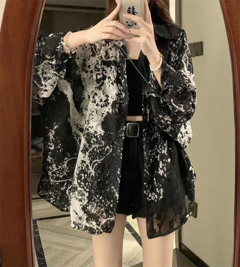 Plus Size Chubby MM Ink Printed Chiffon Sunscreen Shirt 300 Pounds Summer Retro Loose Long Sleeved Top Jacket for Women
