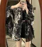 Plus Size Chubby MM Ink Printed Chiffon Sunscreen Shirt 300 Pounds Summer Retro Loose Long Sleeved Top Jacket for Women