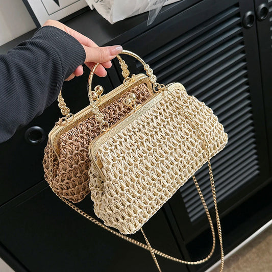 Bolsos de paja para playa de verano, exquisitos bolsos de fiesta con cadena dorada, bolsos de mano tejidos a mano, bolsos de mano para mujer, bolsos cruzados de hombro