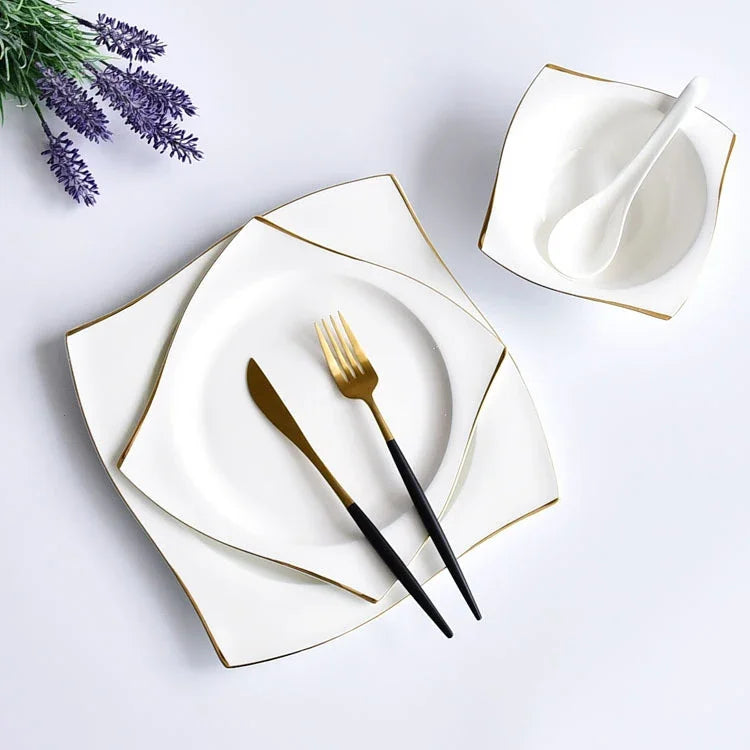 Ceramic Square Plates and Bowl Set Dinner Set Plates and Dishes Bone Porcelain Tableware Phnom Penh Cutlery Kitchen Accessories