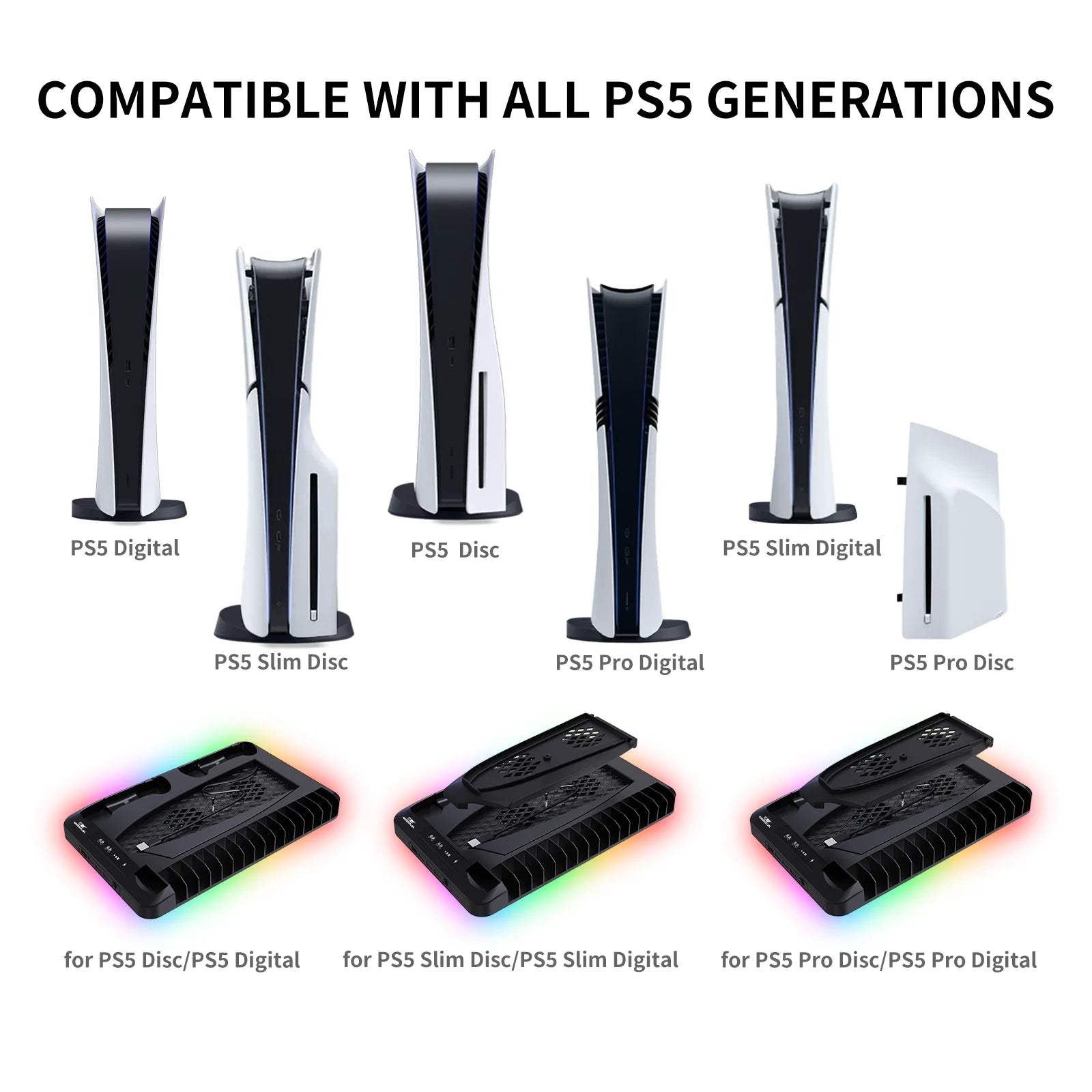 GAMINJA Host Heat Dissipation Base For PS5 With 7 Color Light Effect Headphone Hook Game Disc Storage Rack Handle Charging Stand