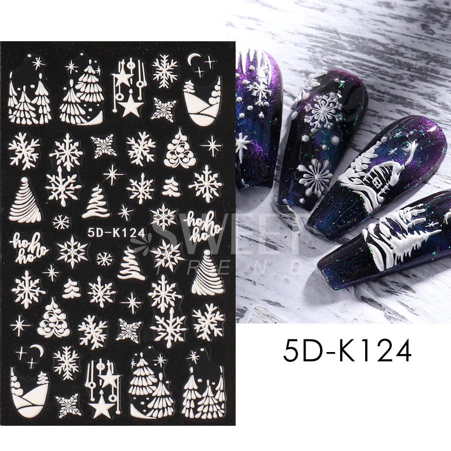 5D Red Christmas Nail Stickers Glitter Embossed Snowflake Gloves Feather Bulb Bells Winter Xmas DIY Engraved Manicure Decoration