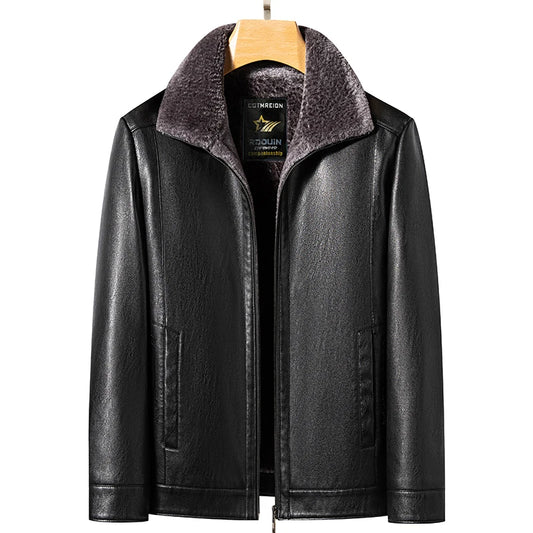 Chaqueta de cuero natural YN-2365 para otoño/invierno para hombre, con forro de piel gruesa, informal, color café negro, para jóvenes de mediana edad.