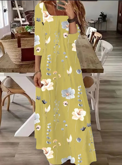 Plus Size Autumn and Winter New Women's Fashion and Elegance Medium and Long sleeved Flower Print Dress Long Style