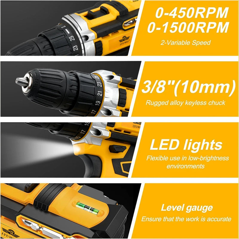 LYUWO Rechargeable Electric Hand Drill, Pistol Drill, Electric Screwdriver, Household Impact Hand Drill Tool,Use MT Battery