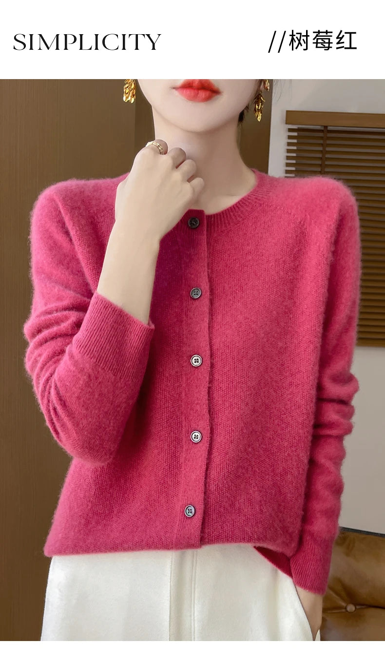 100% Merino Wool Long Sleeve Sweaters Cashmere Cardigan Spring Autumn Women O-Neck Knitwear Tops Clothing Fashion Basic Tops